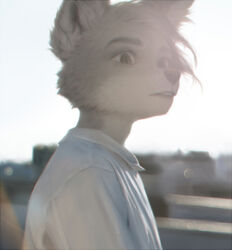  2019 anthro aythen black_nose canid canine clothed clothing detailed_background digital_media_(artwork) eyebrows fennec_fox fox fur hair half-length_portrait male mammal outside photorealism portrait sky solo teeth terry_grimm true_fox 