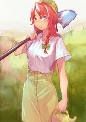  artist_name beret blue_eyes blush bow braid breasts cowboy_shot female green_bow green_hat green_skirt hairbow hat hat_ornament holding hong_meiling long_hair looking_at_viewer medium_breasts outdoors red_hair shirt short_sleeves shovel single_braid skirt solo standing star_(symbol) star_hat_ornament sweat touhou white_shirt ydpfa 