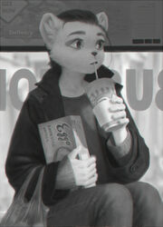  2019 anthro beverage black_and_white bottomwear clothed clothing detailed_background drinking drinking_straw eggo english_text female food fur hair holding_object inner_ear_fluff jacket mammal monochrome mustelid musteline pants shirt sitting solo stoat terry_grimm text topwear true_musteline tuft weasel 