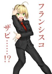  :d ahoge aya_shachou black_jacket black_pants black_shirt blonde_hair collared_shirt cosplay fate/extra fate_(series) feet_out_of_frame female formal francis_xavier francis_xavier_(cosplay) green_eyes hair_intakes hand_up jacket looking_at_viewer necktie nero_claudius_(fate) nero_claudius_(fate/extra) open_mouth pant_suit pants pose red_necktie shirt simple_background smile solo standing suit white_background wing_collar 