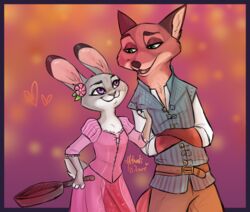  anthro canid canine clothed clothing cookware disney disney&#039;s_tangled_(film) duo female flower flynn_rider fox frying_pan fur green_eyes grey_body grey_fur heart_symbol judy_hopps kitchen_utensils lagomorph leporid male mammal nick_wilde orange_body orange_fur plant purple_eyes rabbit rapunzel_(disney) red_fox tools true_fox yelnatsdraws zootopia 