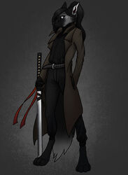  anthro ash_(crowsfire) belt black_body black_fur black_hair blue_eyes bottomwear canid canine cargo_pants clothing coat crowsfire female fox fur grey_body grey_fur hair hi_res katana mammal melee_weapon pants ponytail red_ribbon shading_eyes shadings skinny solo standing sword topwear trenchcoat turtleneck weapon 