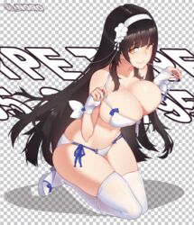  bikini black_hair breasts cleavage commentary_request commission female fingerless_gloves girls&#039;_frontline gloves hairband kneeling large_breasts long_hair looking_at_viewer n0r0 navel official_alternate_costume sandals smile solo swimsuit thighhighs type_95_(girls&#039;_frontline) type_95_(summer_cicada)_(girls&#039;_frontline) very_long_hair white_bikini white_gloves white_thighhighs yellow_eyes 