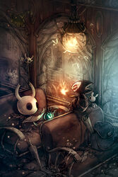  2others backpack bag bug butterfly cape cloak commentary fire flying grey_cloak grimmchild highres holding hollow_eyes hollow_knight horns knight_(hollow_knight) looking_at_another mamoru_mikokoro map mask multiple_others nail_(hollow_knight) no_humans paper pike_(weapon) polearm pure_nail_(hollow_knight) quill red_eyes shell silk sitting spider_web train_interior weapon wings writing 