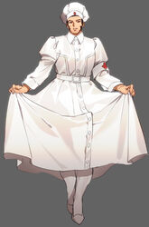  1boy alternate_costume beard belt black_hair brown_eyes buttons buzz_cut crossdressing dress facial_hair full_body golden_kamuy hat high_heels koooogasya long_sideburns looking_at_viewer male_focus nurse nurse_cap pantyhose short_hair sideburns simple_background skirt_hold solo stubble tanigaki_genjirou thick_eyebrows very_short_hair white_dress white_footwear white_pantyhose 