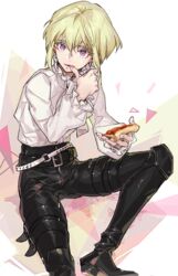  1boy belt bishounen black_pants dress_shirt eating food green_hair koto_(gamelife506) lio_fotia long_sleeves male_focus multiple_belts pants pizza promare protected_link purple_eyes shirt short_hair wiping_mouth 