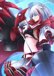  absurdres admiral_graf_spee_(azur_lane) admiral_graf_spee_(world&#039;s_cutest)_(azur_lane) azur_lane blue_eyes breasts claws clothing_cutout commentary_request female fins fish_tail highres idol looking_to_the_side mechanical_arms mechanical_hands microphone midriff miniskirt multicolored_hair music official_alternate_costume osatou_(soul_of_sugar) red_scarf scarf shark_tail short_hair singing skirt small_breasts solo streaked_hair tail underboob_cutout white_hair 