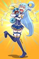  &gt;_&lt; aqua_(konosuba) blue_footwear blue_hair blue_shirt blue_skirt boots commentary commission crossover crying english_commentary female fins hair_ornament head_fins high_heels highres hug kono_subarashii_sekai_ni_shukufuku_wo! leg_up long_hair miniskirt open_mouth pokemon pokemon_(creature) shirt siczak skirt sleeveless sobbing sobble tail tears thighhighs uvula white_sleeves yellow_background 