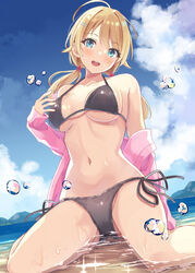  :d ahoge bare_shoulders beach bikini black_bikini blonde_hair blue_eyes breasts commentary day female hachimiya_meguru hair_ornament hairclip halterneck hatsu_(first_snow) idolmaster idolmaster_shiny_colors jacket long_hair long_sleeves looking_at_viewer low_twintails medium_breasts navel off_shoulder open_clothes open_jacket open_mouth outdoors pink_jacket side-tie_bikini_bottom sitting smile solo stomach string_bikini swimsuit thighs twintails wariza wet 