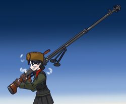  absurdres anti-materiel_rifle black_eyes black_gloves black_hair black_vest blue_sky blush_stickers bolt_action breath brown_hat clear_sky commentary female from_side fur_hat girls_und_panzer gloves green_jacket gun hat highres holding holding_gun holding_weapon jacket long_sleeves low_twintails military military_uniform miniskirt moesenyukikaze nina_(girls_und_panzer) over_shoulder pleated_skirt pravda_military_uniform ptrs-41 red_shirt rifle shirt short_hair short_twintails skirt sky sniper_rifle solo turtleneck twintails uniform ushanka vest weapon weapon_over_shoulder 