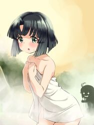  +_+ 2girls black_hair blush cowboy_shot drooling female_pervert flat_chest green_eyes hands_on_own_chest legs_together long_hair multiple_girls musumi_kiyoka naked_towel onsen open_mouth outdoors pervert saliva same-sex_bathing shared_bathing short_hair silhouette silhouette_demon smile solo_focus steam sweat takano_natsuki toji_no_miko towel yamashiro_yui you_gonna_get_raped yuri 