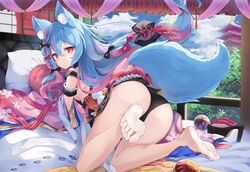  alternate_costume animal_ear_fluff animal_ears architecture back_bow bad_id bad_twitter_id ball bare_legs barefoot bed black_bow black_panties blue_eyes blue_hair blue_sky blush bow breasts bright_pupils building cherry_blossom_print cloud commentary curtains day detached_sleeves east_asian_architecture feet female floating_hair floral_print foreshortening from_side full_body gradient_clothes hairbow high_heels highres hyouta_(yoneya) indoors japanese_clothes kemonomimi_mode kimono legs long_hair long_sleeves looking_at_viewer looking_back multicolored_hair no_bra no_shoes okobo on_bed original panties paw_print pillow pink_bow pink_hair pink_kimono pink_ribbon qiya_(kia_098) red_bow red_eyes ribbon sandals second-party_source short_kimono sideboob sky sleeves_past_fingers sleeves_past_wrists small_breasts soles solo streaked_hair tail tassel temari_ball toes two-tone_hair underwear unworn_sandals very_long_hair white_ribbon 