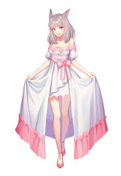  :d ahri_(ari_30305) animal_ears bare_legs blue_eyes blush bow breasts cat_ears cat_girl cleavage collarbone commentary dress facial_mark female final_fantasy final_fantasy_xiv full_body gem grey_hair heterochromia highres layered_skirt long_hair looking_at_viewer medium_breasts miqo&#039;te oerba_yun_fang off-shoulder_dress off_shoulder open_mouth photoshop_(medium) pink_bow pink_footwear puffy_short_sleeves puffy_sleeves red_eyes short_sleeves skirt skirt_hold smile solo standing symbol-only_commentary warrior_of_light_(ff14) whisker_markings white_dress 