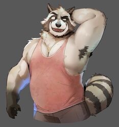  2022 absurd_res anthro armpit_hair beard biceps blush body_hair borkthunder bottomwear clothing eyebrows facial_hair fangs flexing grey_background hands_behind_head hi_res looking_at_viewer male mammal muscular open_mouth pants pecs portrait procyonid raccoon raised_arm shirt simple_background smile solo standing tank_top teeth thick_eyebrows three-quarter_portrait topwear 