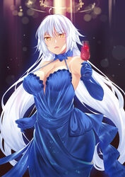  ahoge alcohol bare_shoulders blue_dress blue_gloves blush breasts cleavage collarbone commentary_request cowboy_shot cup dress drinking_glass elbow_gloves evening_gown fate/grand_order fate_(series) female gloves highres holding holding_cup jeanne_d&#039;arc_alter_(avenger)_(fate) jeanne_d&#039;arc_alter_(fate) jeanne_d&#039;arc_alter_(holy_night_supper)_(fate) large_breasts lens_flare light long_hair looking_at_viewer majin_(kiidoumajin) official_alternate_costume open_mouth orange_eyes photoshop_(medium) solo straight_hair very_long_hair white_hair wine wine_glass 