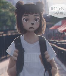  2019 4_fingers anthro backpack bear blush brown_body brown_eyes brown_fur brown_hair clothed clothing detailed_background dialogue english_text female female_anthro fingers fur hair mammal open_mouth outside photorealism shirt short_hair solo speech_bubble t-shirt teeth terry_grimm text topwear 