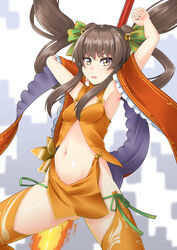  arms_up ass_visible_through_thighs bad_proportions bell breasts brown_eyes brown_hair double_bun female flaming_weapon hair_bell hair_bun hair_ornament highres long_hair looking_at_viewer midriff nataku_(sennen_sensou_aigis) navel open_mouth orange_thighhighs panties polearm sano_souichi sennen_sensou_aigis side-tie_panties sidelocks simple_background small_breasts solo thighhighs twintails underwear weapon 