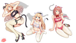  3girls animal_band_panties animal_cutout animal_ear_legwear animal_ears ark_royal_(kancolle) artist_logo ass_visible_through_thighs bell black_bra black_panties blonde_hair blue_eyes blunt_bangs bob_cut bow bra braid cameltoe cat_cutout cat_ear_legwear cat_ear_panties cat_ears cat_lingerie cat_tail choker cleavage_cutout clothing_cutout collarbone commentary_request crown dated feline flower frilled_bra frilled_panties frills full_body garter_belt groin hairband half_up_braid hat jervis_(kancolle) jingle_bell kantai_collection kemonomimi_mode long_hair looking_at_viewer lying meme_attire mini_crown moke_ro multiple_girls navel neck_bell on_side open_mouth panties paw_pose paw_print pink_bra pink_panties red_bow red_flower red_hair red_rose rose sailor_hat short_hair side-tie_panties silhouette simple_background sitting smile tail thighhighs tiara underwear underwear_only wariza warspite_(kancolle) white_background white_bra white_headwear white_legwear white_panties yokozuwari 