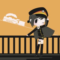  adjusting_clothes adjusting_headwear arm_up black_hair blush chibi closed_mouth cobalta female hair_ornament hairclip hat long_sleeves looking_at_viewer one_eye_closed rail_romanesque ran_(rail_romanesque) short_hair solo train 