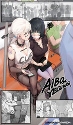  2girls absurdres aibo_(gorgeous_mushroom) bag black_footwear black_hair black_pantyhose black_shirt black_shorts black_skirt blue_eyes breasts cellphone chinese_commentary chinese_text choker cleavage closed_mouth collar commentary_request detached_sleeves earrings freckles frills glasses gorgeous_mushroom green_eyes hair_tie handbag highres holding holding_phone hug jewelry large_breasts long_hair long_sleeves low_ponytail mask mouth_mask multiple_girls necklace open_mouth original pantyhose phone ponytail revision see-through shirt short_hair short_shorts short_sleeves shorts sitting sitting_on_lap sitting_on_person skirt sleeveless sleeveless_shirt smartphone surgical_mask sweatdrop train train_interior translation_request white_hair white_shirt yeqing_(gorgeous_mushroom) 