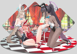  3girls ahoge animal_ears applying_bandages aqua_leotard asuna_(blue_archive) asuna_(bunny)_(blue_archive) asymmetrical_bangs bandaid bandaid_on_foot bandaid_on_leg black_leotard blue_archive blue_bow blue_bowtie blue_eyes blue_leotard bow bowtie braid braided_bun breasts cameltoe checkered_floor commentary dark-skinned_female dark_skin dated_commentary detached_collar fake_animal_ears first_aid_kit fishnet_pantyhose fishnets gloves hair_bun hair_over_one_eye hair_ribbon halo high_heels highleg highleg_leotard highres holding_another&#039;s_foot jacket karin_(blue_archive) karin_(bunny)_(blue_archive) leotard light_brown_hair mole mole_on_breast mole_under_eye multiple_girls neru_(blue_archive) neru_(bunny)_(blue_archive) number_tattoo official_alternate_costume orange_hair oversized_breast_cup pantyhose playboy_bunny print_jacket rabbit_ears red_bow red_bowtie red_eyes red_leotard ribbon shoes shoulder_tattoo single_braid single_shoe sprain strapless strapless_leotard sukajan swallow165 swept_bangs tattoo tickling tickling_feet tile_floor tiles traditional_bowtie unworn_shoes white_gloves 