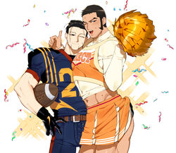  2boys :d ass_grab bad_id bad_twitter_id ball bara beard black_hair blue_pants blush brown_eyes buzz_cut cheerleader clothes_lift confetti contemporary contrapposto cowboy_shot facial_hair golden_kamuy heads_together koooogasya long_sideburns looking_at_viewer male_focus midriff multiple_boys muscular muscular_male navel ogata_hyakunosuke one_eye_closed open_mouth orange_skirt pants pectorals rugby_ball rugby_uniform short_hair sideburns simple_background skirt skirt_lift smile sportswear stubble sweatdrop tanigaki_genjirou thick_eyebrows thick_thighs thighs very_short_hair yaoi 