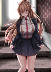  azur_lane bad_id bad_pixiv_id bespectacled blazer blush braid breasts brown_hair chin_gero commentary_request female glasses highres jacket large_breasts long_hair mole mole_under_mouth necktie official_alternate_costume pleated_skirt ponytail red_eyes school_uniform skirt solo swiftsure_(azur_lane) swiftsure_(study_hall_cyclamen)_(azur_lane) 