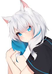  absurdres animal_ears bad_id bad_pixiv_id black_shirt blue_eyes cat_ears cat_girl closed_mouth female highres looking_at_viewer mashiro_io medium_hair multicolored_hair original shirt simple_background solo streaked_hair white_background white_hair 