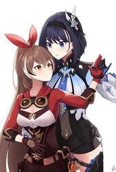  2girls ahoge amber_(genshin_impact) amber_(genshin_impact)_(cosplay) black_gloves black_hair black_hairband blush boots breasts brown_corset cleavage corset cosplay dancing eula_(genshin_impact) eula_(genshin_impact)_(cosplay) genshin_impact gloves hair_ornament hair_ribbon hairband hand_on_own_stomach highres holding_hands hololive hololive_english large_breasts long_hair looking_at_another looking_down looking_up medium_breasts multiple_girls nanashi_mumei ouro_kronii ouro_kronii_(1st_costume) ponytail red_ribbon ribbon short_hair smile taletoki thigh_boots thighhighs virtual_youtuber vision_(genshin_impact) yuri 