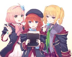  3girls bad_id bad_twitter_id beret black_choker black_coat black_headwear blonde_hair blue_bow book bow bow_hairband brown_hair candy cape chieru_(princess_connect!) chloe_(princess_connect!) choker coat commentary_request elf food hair_ornament hairband hat headband hood hooded_coat lollipop long_hair looking_at_viewer multiple_girls necktie nekomo open_mouth pink_bow pink_hair pointy_ears princess_connect! purple_eyes ribbon school_uniform short_hair simple_background st._theresa&#039;s_girls_academy_school_uniform star_(symbol) star_hair_ornament star_in_eye symbol_in_eye white_background yellow_eyes yuni_(princess_connect!) 