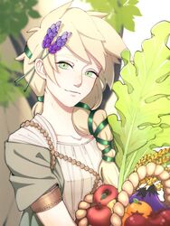  ancient_greek_clothes apple basket blonde_hair eggplant female flower food fruit greco-roman_clothes green_eyes hades_(series) hades_1 hair_flower hair_ornament hair_over_shoulder lavender_(flower) leaf mature_female orange_(fruit) persephone_(hades) smile spoilers upper_body uratamameron wheat 