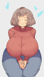  =_= blush breasts brown_hair closed_eyes cowboy_shot curvy denim drowsykrid english_commentary facing_viewer female gigantic_breasts happy heart long_sleeves original own_hands_together pants plump ribbed_sweater shiny_clothes shirt short_eyebrows simple_background smile solo sweater taut_clothes taut_shirt thick_thighs thighs turtleneck turtleneck_sweater white_background wide_hips 