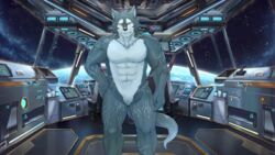  abs breke_(tas) canid canine canis fur grey_body grey_fur hand_around_waist hi_res humanoid lifewonders looking_at_viewer male mammal nude planet science_fiction solo space spacecraft spaceship_interior standing star tokyo_afterschool_summoners vehicle white_body white_fur wolf xdzy111 