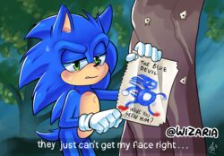  2020 anthro bodily_fluids clothing dialogue disney disney&#039;s_tangled_(film) english_text eulipotyphlan fur gloves green_eyes half-closed_eyes handwear hedgehog hi_res looking_at_viewer male mammal meme narrowed_eyes plant sanic sega signature solo sonic_the_hedgehog sonic_the_hedgehog_(series) sweat text tree wizaria 