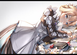  absurdres apron blonde_hair blue_eyes book character_request chinese_commentary commentary female flower gloves hair_ornament highres letterboxed lips long_hair looking_at_viewer lubikaya lying maid maid_apron on_side solo steelblue_mirage warship_girls_r white_background white_gloves 