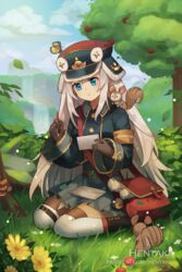  animal animal_on_shoulder artist_name bag black_footwear blue_eyes blue_hat blue_jacket blue_skirt blue_sky boots brown_gloves cloud cloudy_sky commentary day dragalia_lost english_commentary envelope female gloves grey_hair hair_between_eyes hat hentaki highres holding holding_envelope holding_pen jacket long_hair long_sleeves messenger_bag nib_pen_(object) noelle_(dragalia_lost) o-ring on_grass outdoors parted_lips pen pleated_skirt shoulder_bag skirt sky solo squirrel thighhighs thighhighs_under_boots tree very_long_hair watermark web_address white_thighhighs wide_sleeves 