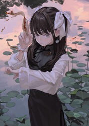  :| between_fingers black_dress black_hair bow bracelet brown_eyes burning china_dress chinese_clothes closed_mouth commentary dress earrings eyeball_bracelet eyeball_bracelet_girl_(fkey) female fkey hairbow highres holding jewelry lily_pad long_hair long_sleeves mole mole_under_eye ofuda ofuda_between_fingers original outdoors solo standing symbol-only_commentary talisman water white_bow wide_sleeves yin_yang yin_yang_earrings 