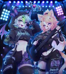  2023 2girls 7-string_guitar animal_ears apricot_the_lich artist_name bandaid bandaid_on_face bandaid_on_nose blonde_hair blue_eyes breasts cat_ears cat_girl cat_tail chains collar cowboy_shot dated demon_girl demon_horns demon_wings fangs gloves green_eyes green_hair guitar hair_between_eyes hair_ornament highres holding holding_instrument holding_microphone horns indie_virtual_youtuber instrument kamochiru looking_at_viewer medium_breasts microphone midriff multicolored_hair multiple_girls multiple_horns navel obkatiekat obkatiekat_(2nd_costume) open_fly open_mouth panties purple_eyes single_thighhigh slit_pupils spiked_collar spikes stage_lights streaked_hair tail teeth thigh_strap thighhighs tongue underwear virtual_youtuber vshojo watermark wings x_hair_ornament 