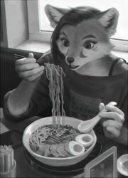  anthro biped black_and_white canid canine chopsticks clothed clothing detailed_background digital_media_(artwork) female food fox fur hair holding_object inside mammal monochrome noodles open_mouth photorealism ramen sitting solo terry_grimm 