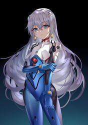  blue_background blue_gloves bodysuit bronya_zaychik closed_mouth commentary_request cosplay cowboy_shot earrings expressionless female ginklaga gloves gradient_background grey_eyes grey_hair hair_between_eyes hair_ornament hand_on_own_arm highres honkai_(series) honkai_impact_3rd ikari_shinji ikari_shinji_(cosplay) jewelry long_hair looking_at_viewer multicolored_bodysuit multicolored_clothes neon_genesis_evangelion plugsuit solo very_long_hair 