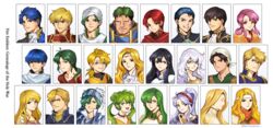  6+boys 6+girls :d absurdres alec_(fire_emblem) arden_(fire_emblem) armor artist_name ayra_(fire_emblem) azelle_(fire_emblem) bandana beowolf_(fire_emblem) black_choker black_eyes black_hair blonde_hair blue_eyes blue_hair breastplate brigid_(fire_emblem) cape choker chulainn_(fire_emblem) circlet claud_(fire_emblem:_genealogy_of_the_holy_war) closed_eyes commentary deirdre_(fire_emblem) dew_(fire_emblem) double_bun dress edain_(fire_emblem) erinys_(fire_emblem) ethlyn_(fire_emblem) finn_(fire_emblem) fire_emblem fire_emblem:_genealogy_of_the_holy_war from_side green_eyes green_hair green_shirt grey_eyes grin hair_bun hair_over_one_eye head_scarf headband high_collar highres husband_and_wife jamke_(fire_emblem) korean_commentary lachesis_(fire_emblem) lewyn_(fire_emblem) lex_(fire_emblem) long_hair low_ponytail midir_(fire_emblem) multiple_boys multiple_girls naoise_(fire_emblem) open_mouth orange_dress parted_lips pauldrons pink_eyes pink_hair ponytail portrait profile quan_(fire_emblem) red_cape red_eyes red_hair red_shirt scarf shirt short_hair shoulder_armor sidelocks sigurd_(fire_emblem) silvercandy_gum silvia_(fire_emblem) smile tailtiu_(fire_emblem) twintails twitter_username white_background white_cape white_dress white_hair white_headwear white_scarf yellow_cape yellow_shirt 