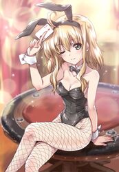  aged_up ahoge animal_ears arisa_bunnings black_bow black_bowtie black_leotard blurry blurry_background bow bowtie breasts brown_hair casino_card_table cleavage commentary_request crossed_legs detached_collar fake_animal_ears female fishnet_pantyhose fishnets green_eyes highres kuroi_mimei leotard looking_at_viewer lyrical_nanoha mahou_shoujo_lyrical_nanoha medium_breasts medium_hair one_eye_closed pantyhose playboy_bunny rabbit_ears rabbit_tail sidelocks sitting sitting_on_table solo strapless strapless_leotard table tail wrist_cuffs 