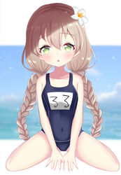  :o bare_arms bare_shoulders between_legs blue_one-piece_swimsuit blue_sky blush braid breasts cloud collarbone commentary_request covered_navel female flower full_body green_eyes hair_between_eyes hair_flower hair_ornament hand_between_legs light_brown_hair long_hair looking_at_viewer low_twintails name_tag ocean old_school_swimsuit one-piece_swimsuit original outdoors parted_lips satori_(ymoy) school_swimsuit sitting sky small_breasts solo swimsuit twin_braids twintails very_long_hair wariza water white_flower 