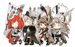  4girls :d ;q animal_ears arknights armor ashlock_(arknights) bad_id bad_twitter_id black_footwear black_gloves black_skirt black_thighhighs boots brown_eyes brown_hair chibi commentary ear_covers ear_tag fartooth_(arknights) feather_hair flag flametail_(arknights) full_body gambeson gloves grey_hair hand_on_own_hip hand_up highres holding holding_flag holding_knife holding_polearm holding_weapon horse_ears horse_girl horse_tail jitome knife lance licking_lips long_hair looking_at_viewer mechanical_owl multiple_girls one_eye_closed open_mouth pleated_skirt polearm puff_of_air red_eyes red_hair shirt short_hair_with_long_locks sign simple_background skirt smile sparkle squirrel_ears squirrel_girl tail thigh_strap thighhighs thumbs_up tongue tongue_out visor_(armor) visor_lift walking weapon white_background white_gloves white_shirt white_thighhighs wild_mane_(arknights) yellow_eyes 