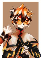  2020 anthro arknights black_body black_fur black_hair black_nose clothing earpiece eyewear felid female fingers fur glasses hair half-length_portrait hi_res hypergryph mammal multicolored_body multicolored_fur multicolored_hair orange_body orange_fur orange_hair pantherine portrait reizo_ne short_hair solo studio_montagne tiger waaifu_(arknights) white_body white_fur white_hair 