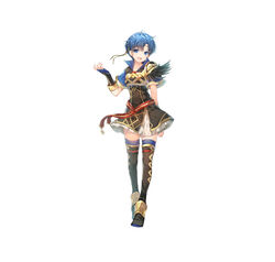  absurdres alternate_costume armor belt blue_eyes blue_hair blue_thighhighs boots breastplate commentary_request dress elbow_gloves feather_trim female fingerless_gloves fingernails fire_emblem fire_emblem:_the_binding_blade fire_emblem_heroes full_body gloves gold_trim highres looking_at_viewer miwabe_sakura official_art shanna_(fire_emblem) short_dress short_hair short_sleeves shoulder_armor simple_background skirt smile solo thigh_boots thighhighs white_background zettai_ryouiki 