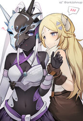  2girls :o ? ark_john_up artist_name bare_shoulders black_bodysuit blonde_hair blue_eyes blush bodysuit braid breasts brown_gloves brown_shorts cleavage cleavage_cutout closed_mouth clothing_cutout covered_navel cowboy_shot crop_top detached_sleeves duel_monster ecclesia_(yu-gi-oh!) english_commentary facial_mark forehead_mark gloves hair_ornament highres holding_another&#039;s_wrist horns incredible_ecclesia_the_virtuous long_hair looking_at_another mask mask_on_head medium_breasts midriff multiple_girls parted_bangs purple_skirt shirt shorts sidelocks simple_background skirt sleeveless sleeveless_shirt spoken_blush standing suspender_shorts suspenders swordsoul_of_mo_ye turtleneck twitter_username two_side_up white_background white_hair white_shirt yu-gi-oh! yuri 