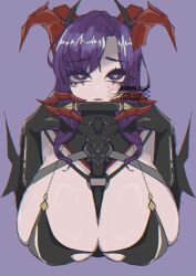  azur_lane between_breasts breasts cleavage cropped_torso female gag hands_up heart heart-shaped_pupils highres holding_gag horns huge_breasts mole mole_under_eye othello_xxx parted_lips purple_background purple_eyes purple_hair red_horns simple_background solo symbol-shaped_pupils u-2501_(azur_lane) watermark 