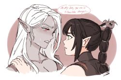  2girls baldur's_gate baldur's_gate_3 black_hair braid braided_ponytail brown_background colored_skin commentary dark-skinned_female dark_skin dashingicecream dungeons_&amp;_dragons elf english_commentary english_text green_eyes grey_skin hand_on_another's_shoulder long_hair multiple_girls parted_lips pointy_ears scar scar_on_face scar_on_nose shadowheart_(baldur's_gate) single_braid speech_bubble the_dark_urge_(baldur's_gate) two-tone_background white_background white_hair yuri 