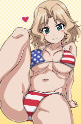  9s0ykoyama117 absurdres american_flag american_flag_bikini american_flag_print bikini blonde_hair blue_eyes blush commentary_request curtained_hair female flag_print flag_print_bikini girls_und_panzer heart highres kay_(girls_und_panzer) leg_up long_hair looking_at_viewer navel polka_dot polka_dot_background print_bikini sitting smile solo swimsuit yellow_background 